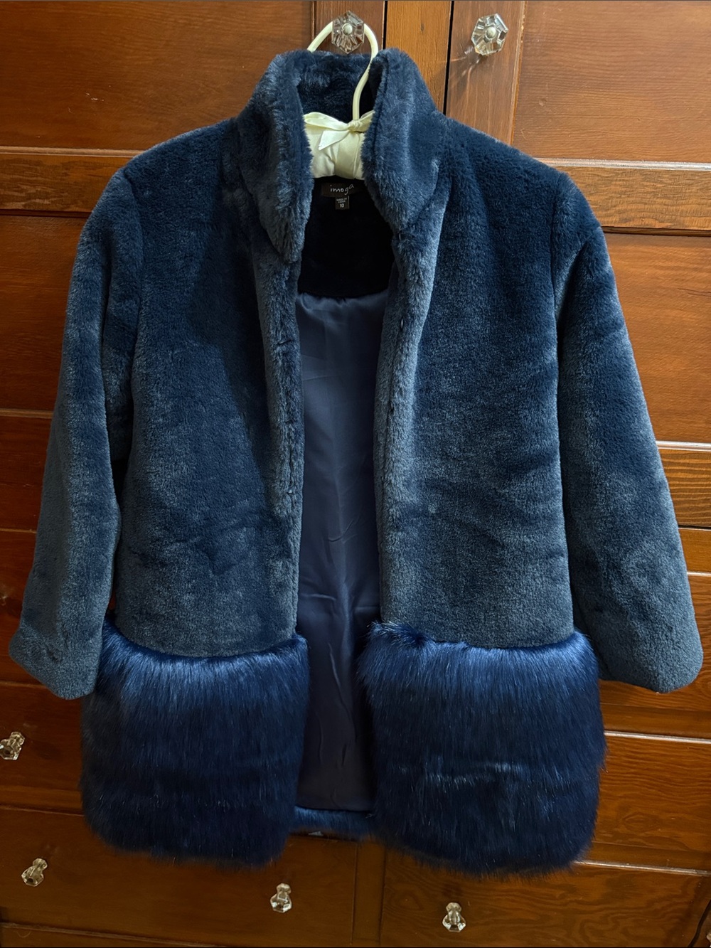 IMOGA Girls Navy Blue Faux Fur Statement Coat – Size 10